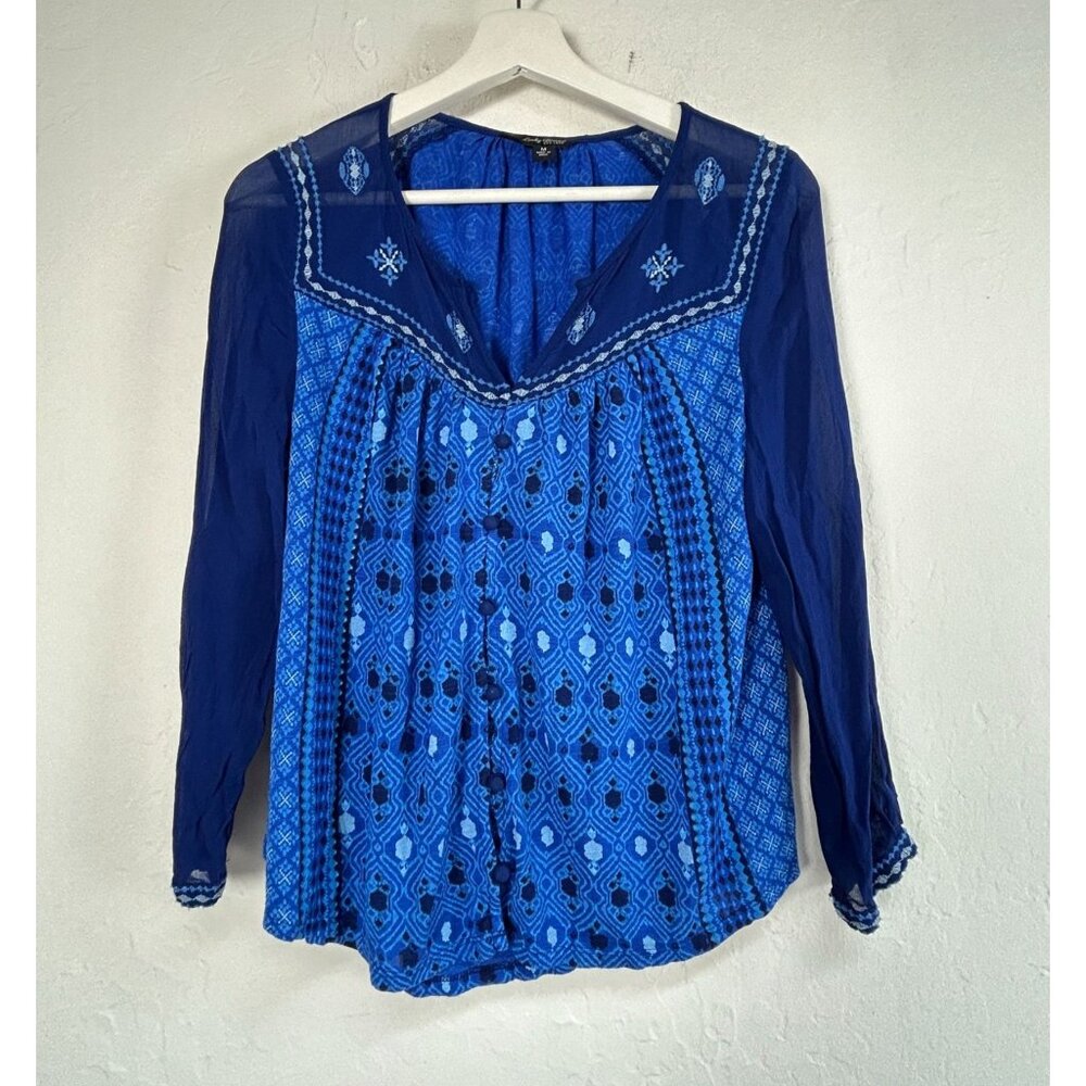 Lucky Brand Womens Border Print Embroidered Top Medium Long Sleeve V-Neck Blue